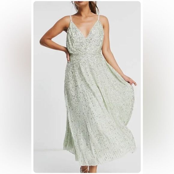 Asos Edition Embellished Cami Open Back Midi Dress Sage Green US14 NWT MSRP $297 - Picture 1 of 14